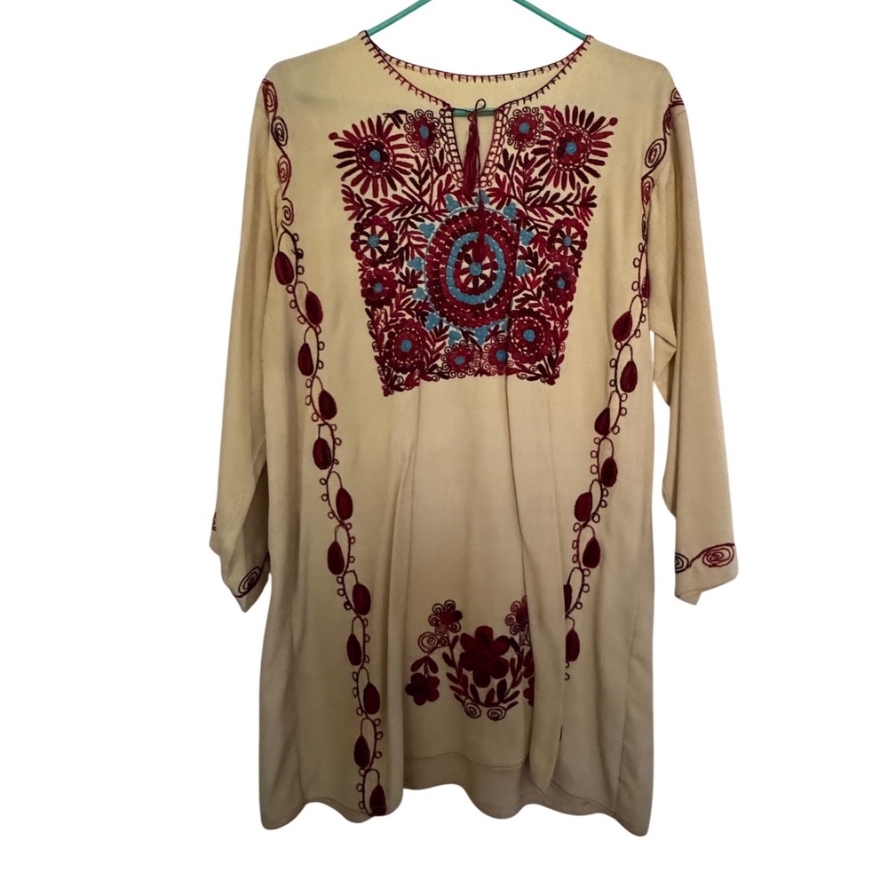 Vintage Cream Embroidered Tunic Dress Long Sleeve Boho Folk Floral Tassel Tie